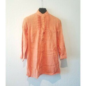 J. Peterman Women's 3/4 Sleeves Tunic Top Pleated Placket Linen Orange Size XS